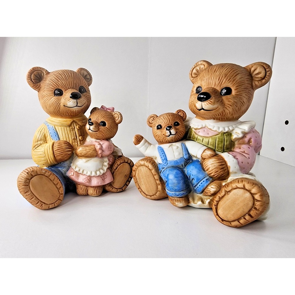 Vintage Homco Adorable Mom and Pop Teddy Bear with Cubs Figurines #1444